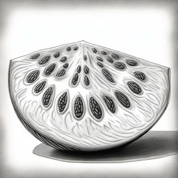 A meticulously detailed, black and white pencil drawing of a juicy watermelon slice