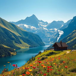 A breathtaking landscape featuring a majestic mountain range under a clear blue sky, with lush green valleys and a serene lake reflecting the mountains