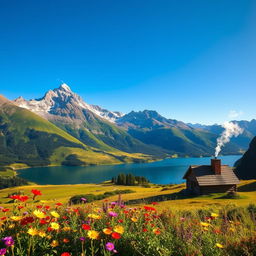 A breathtaking landscape featuring a majestic mountain range under a clear blue sky, with lush green valleys and a serene lake reflecting the mountains