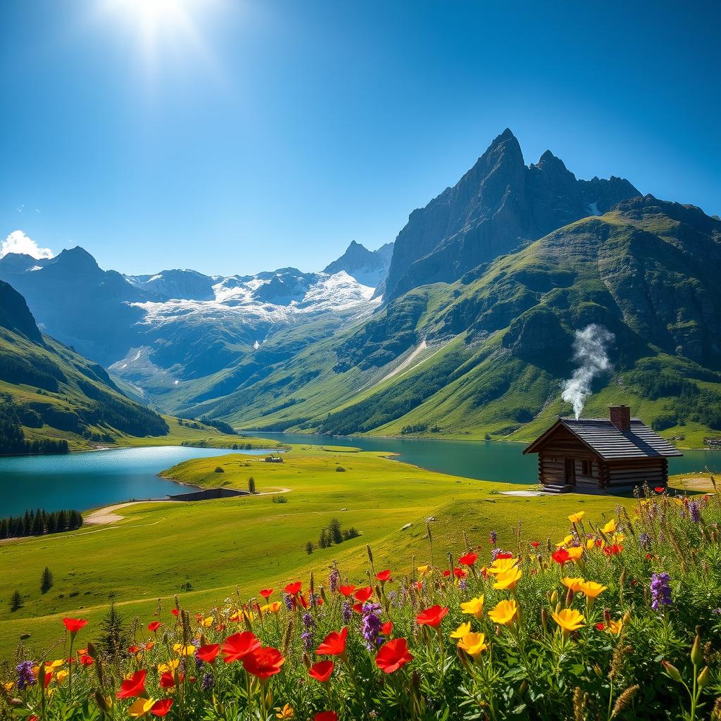 A breathtaking landscape featuring a majestic mountain range under a clear blue sky, with lush green valleys and a serene lake reflecting the mountains