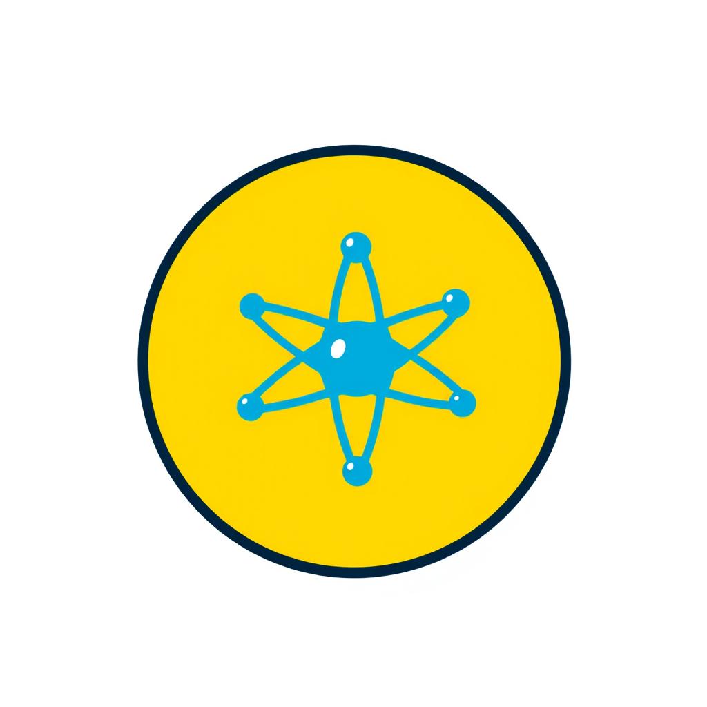 A logo featuring a blue atom model encapsulated within a bright yellow circle that has a crisp black border