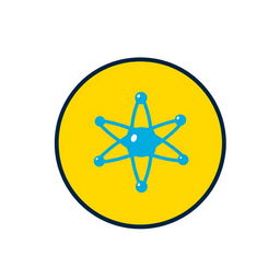 A logo featuring a blue atom model encapsulated within a bright yellow circle that has a crisp black border