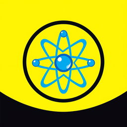 A logo featuring a blue atom model encapsulated within a bright yellow circle that has a crisp black border
