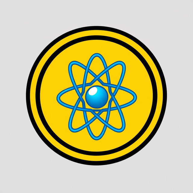 A logo featuring a blue atom model encapsulated within a bright yellow circle that has a crisp black border