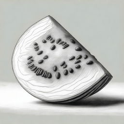 A meticulously detailed, black and white pencil drawing of a juicy watermelon slice