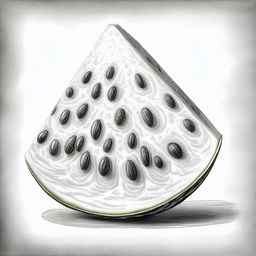 A meticulously detailed, black and white pencil drawing of a juicy watermelon slice