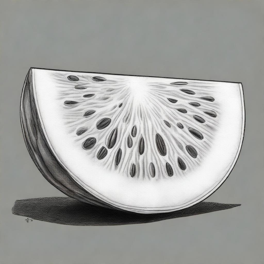 A high-quality, black and white pencil drawing of a watermelon slice