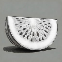 A high-quality, black and white pencil drawing of a watermelon slice