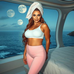 A full-body image of a striking 50-year-old woman with Arab features, featuring long wavy brown hair and captivating cyan eyes