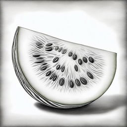 A high-quality, black and white pencil drawing of a watermelon slice