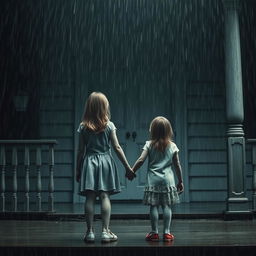 A suspenseful scene featuring two girls, one 21 years old and the other 10 years old, standing with their backs to the viewer