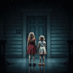 A suspenseful scene featuring two girls, one 21 years old and the other 10 years old, standing with their backs to the viewer