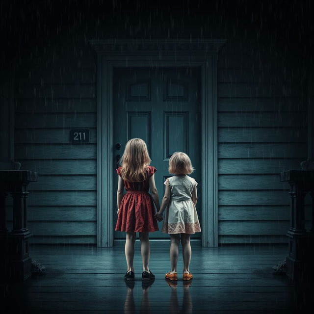 A suspenseful scene featuring two girls, one 21 years old and the other 10 years old, standing with their backs to the viewer