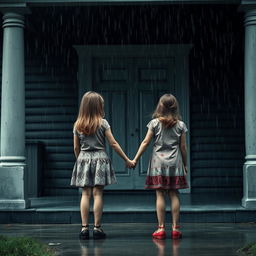A suspenseful scene featuring two girls, one 21 years old and the other 10 years old, standing with their backs to the viewer