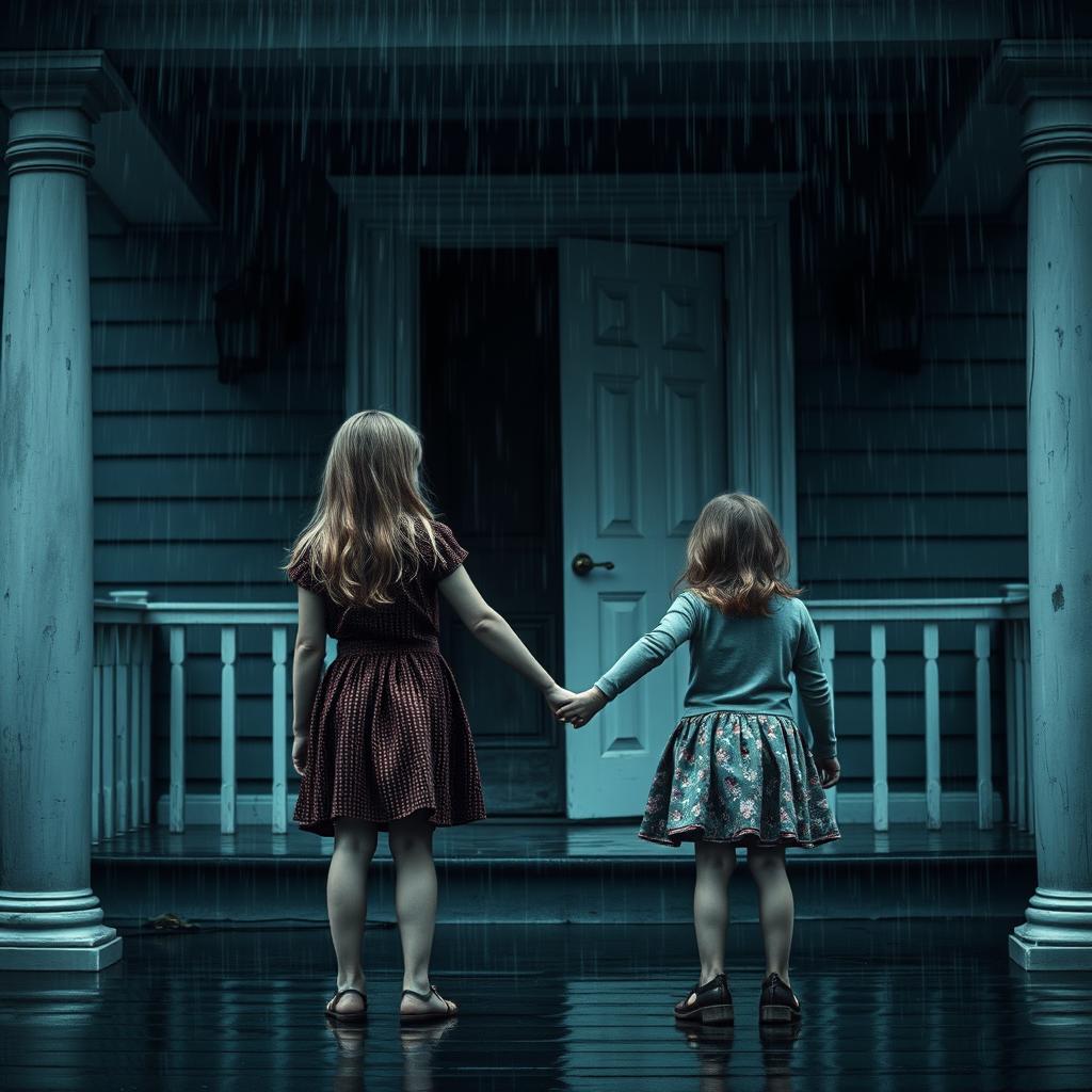 A suspenseful scene featuring two girls, one 21 years old and the other 10 years old, standing with their backs to the viewer
