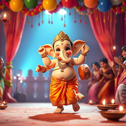 A playful depiction of Shri Ganesh ji as a joyful baby dancing on a beautifully decorated stage