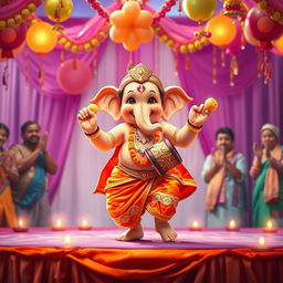 A playful depiction of Shri Ganesh ji as a joyful baby dancing on a beautifully decorated stage