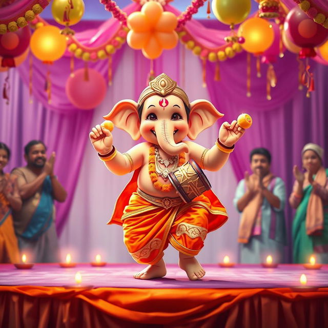 A playful depiction of Shri Ganesh ji as a joyful baby dancing on a beautifully decorated stage