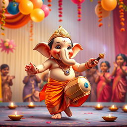 A playful depiction of Shri Ganesh ji as a joyful baby dancing on a beautifully decorated stage