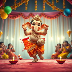A playful depiction of Shri Ganesh ji as a joyful baby dancing on a beautifully decorated stage