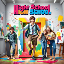 A vibrant movie poster featuring a high school artist in a classic school uniform, stepping out of a colorful canvas