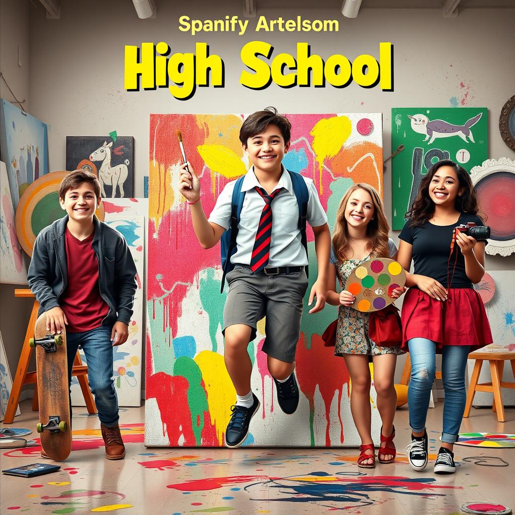 A vibrant movie poster featuring a high school artist in a classic school uniform, stepping out of a colorful canvas