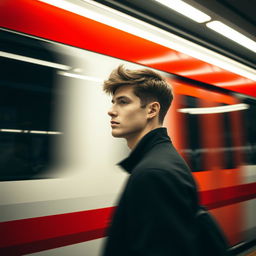 A modern, minimalist fashion photo portrait of a man in motion on an underground station platform
