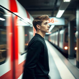 A modern, minimalist fashion photo portrait of a man in motion on an underground station platform