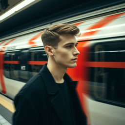 A modern, minimalist fashion photo portrait of a man in motion on an underground station platform