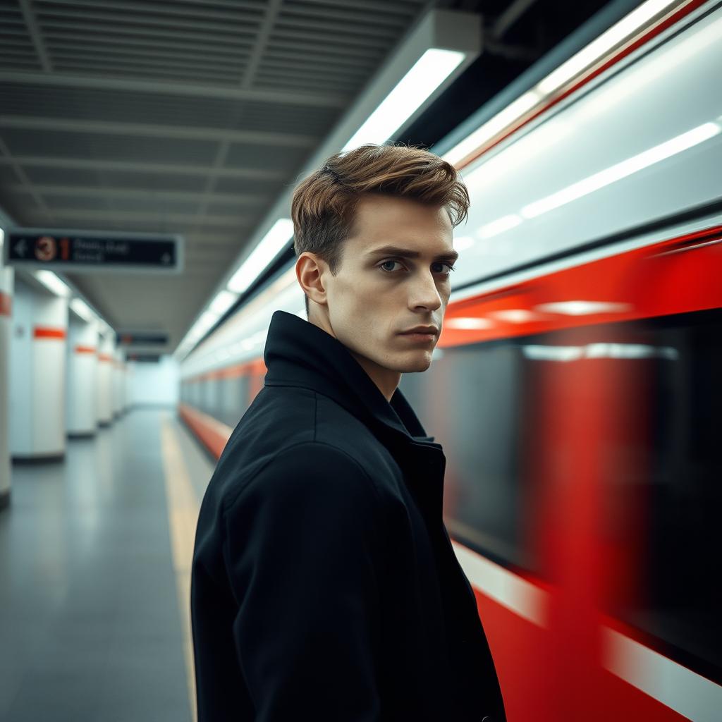 A modern, minimalist fashion photo portrait of a man in motion on an underground station platform