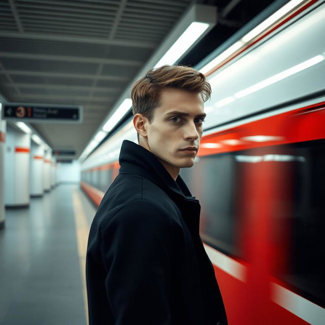 A modern, minimalist fashion photo portrait of a man in motion on an underground station platform