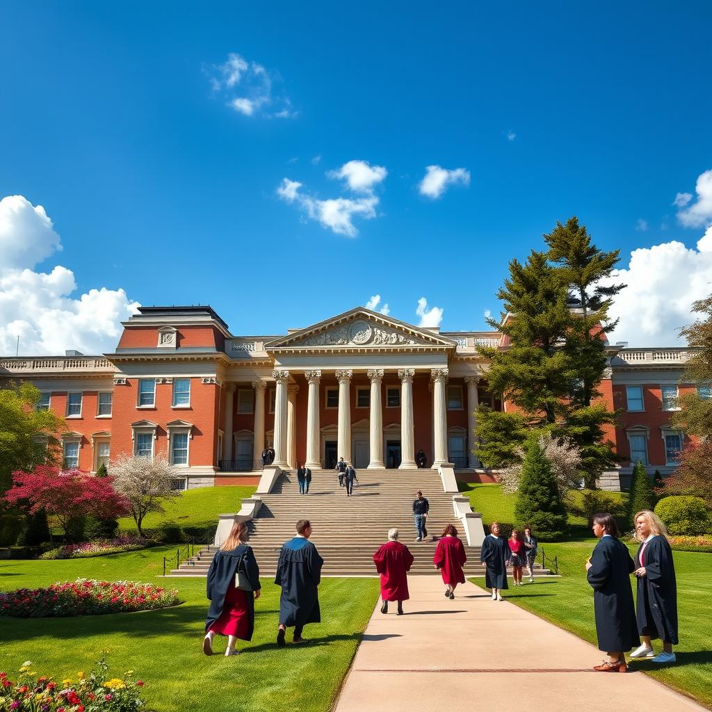 A prestigious academy building with grand architecture, featuring majestic columns and a large staircase leading to the entrance