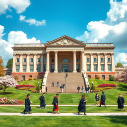 A prestigious academy building with grand architecture, featuring majestic columns and a large staircase leading to the entrance