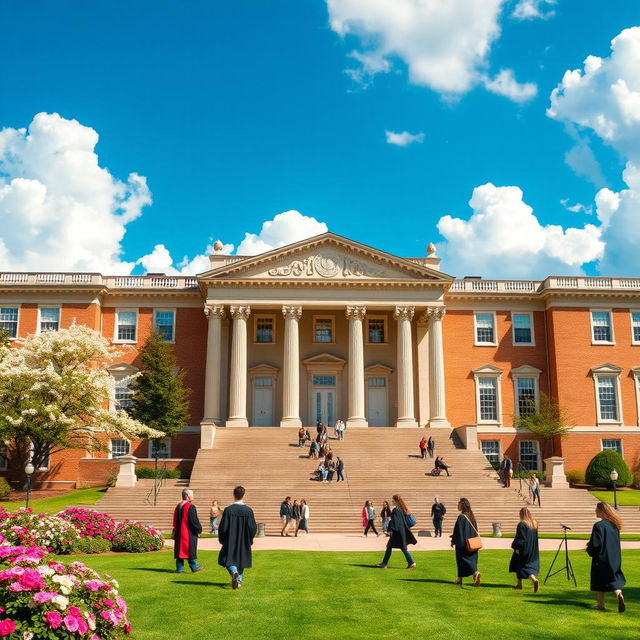 A prestigious academy building with grand architecture, featuring majestic columns and a large staircase leading to the entrance