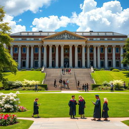 A prestigious academy building with grand architecture, featuring majestic columns and a large staircase leading to the entrance