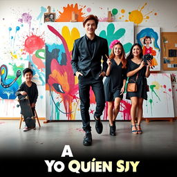 A captivating movie poster featuring a high school artist in a sleek black school uniform, emerging from a colorful canvas