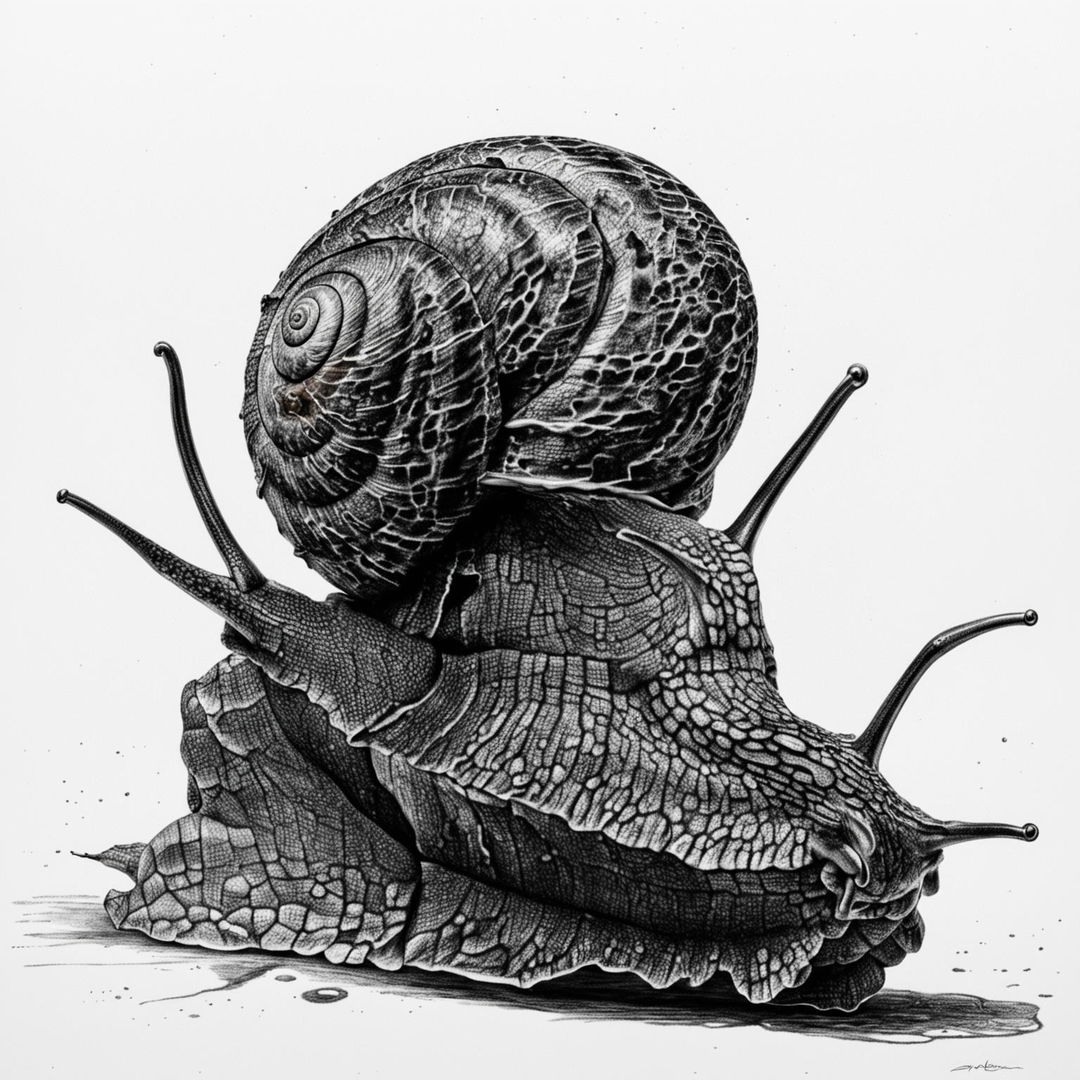 A black and white, hyper-realistic pencil drawing of a snail