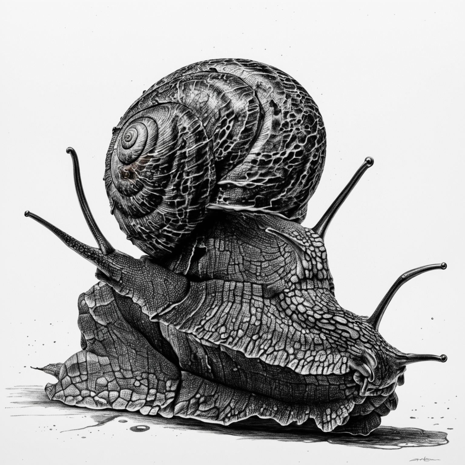 A black and white, hyper-realistic pencil drawing of a snail