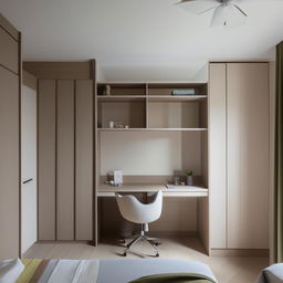 A harmonious room layout featuring a restful bed, a spacious cupboard for storage, and a functional study table under natural lighting.