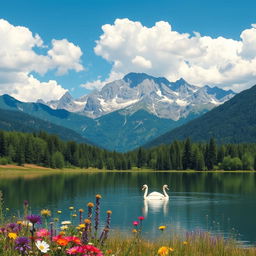 A beautiful landscape featuring a majestic mountain range under a clear blue sky with fluffy white clouds
