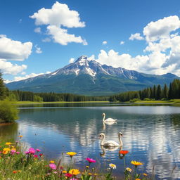 A beautiful landscape featuring a majestic mountain range under a clear blue sky with fluffy white clouds