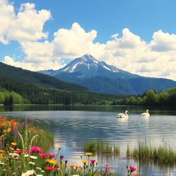 A beautiful landscape featuring a majestic mountain range under a clear blue sky with fluffy white clouds