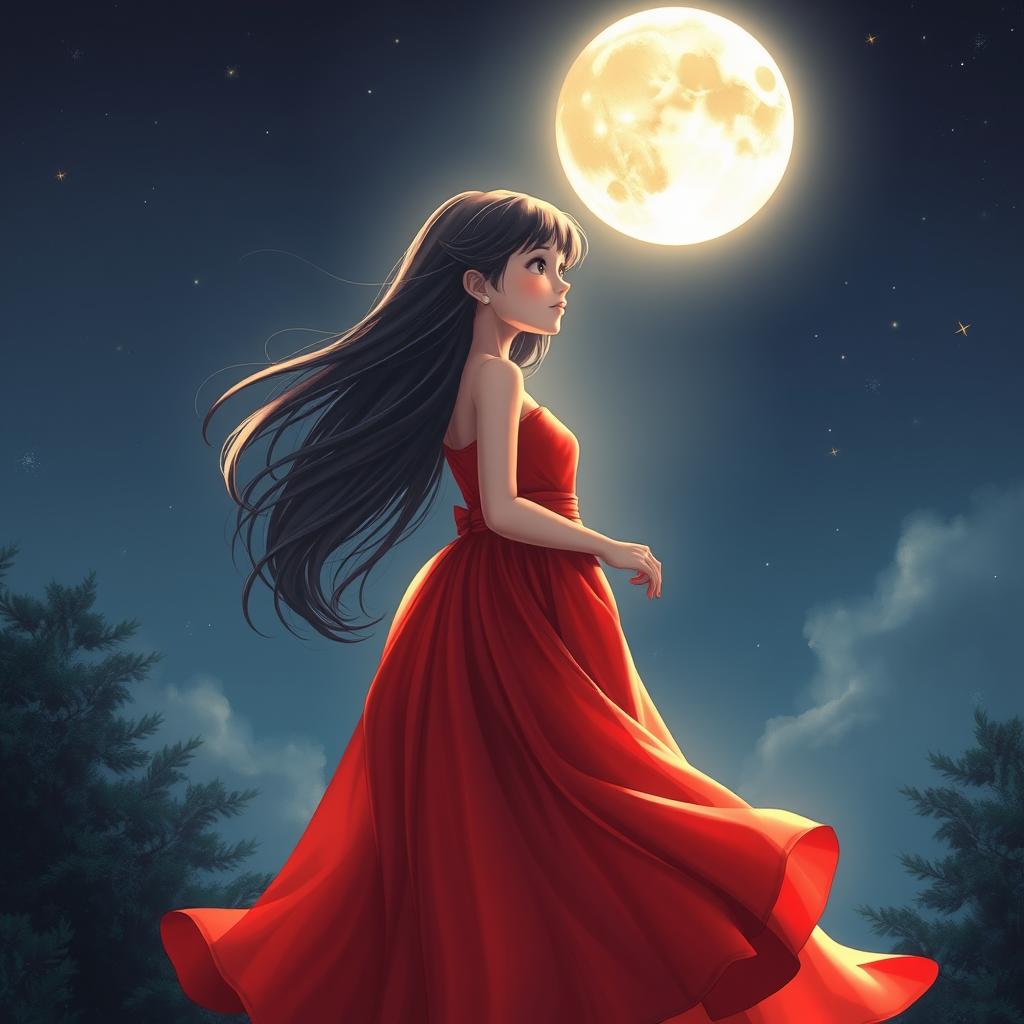 A beautiful girl standing gracefully under a full, glowing moon in a serene, night sky