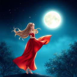 A beautiful girl standing gracefully under a full, glowing moon in a serene, night sky