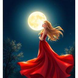 A beautiful girl standing gracefully under a full, glowing moon in a serene, night sky