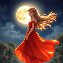 A beautiful girl standing gracefully under a full, glowing moon in a serene, night sky
