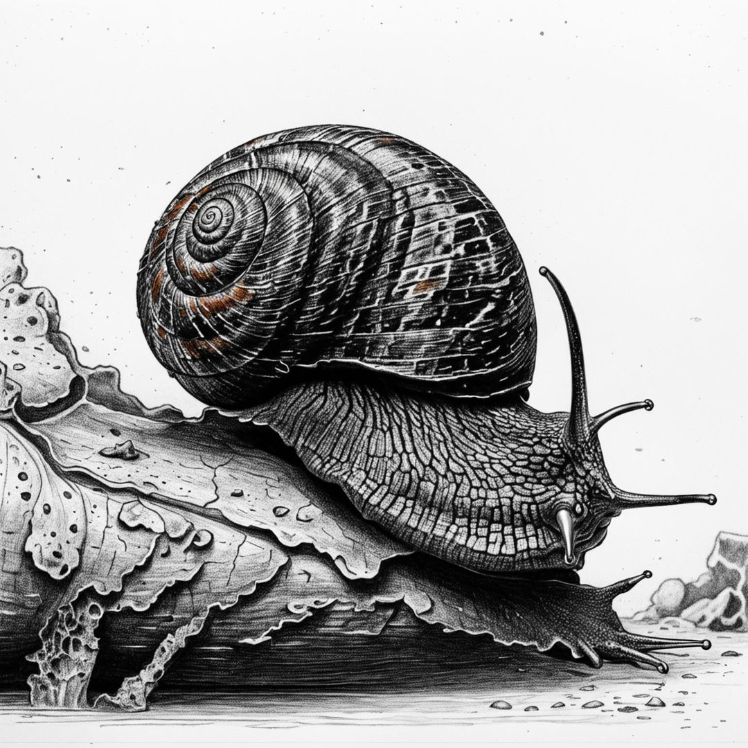 This is a detailed, black and white pencil drawing of a snail