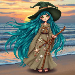 A mystical girl witch standing on a beach, her long hair flowing like waves of the sea, shimmering in shades of teal, aquamarine, and seafoam green