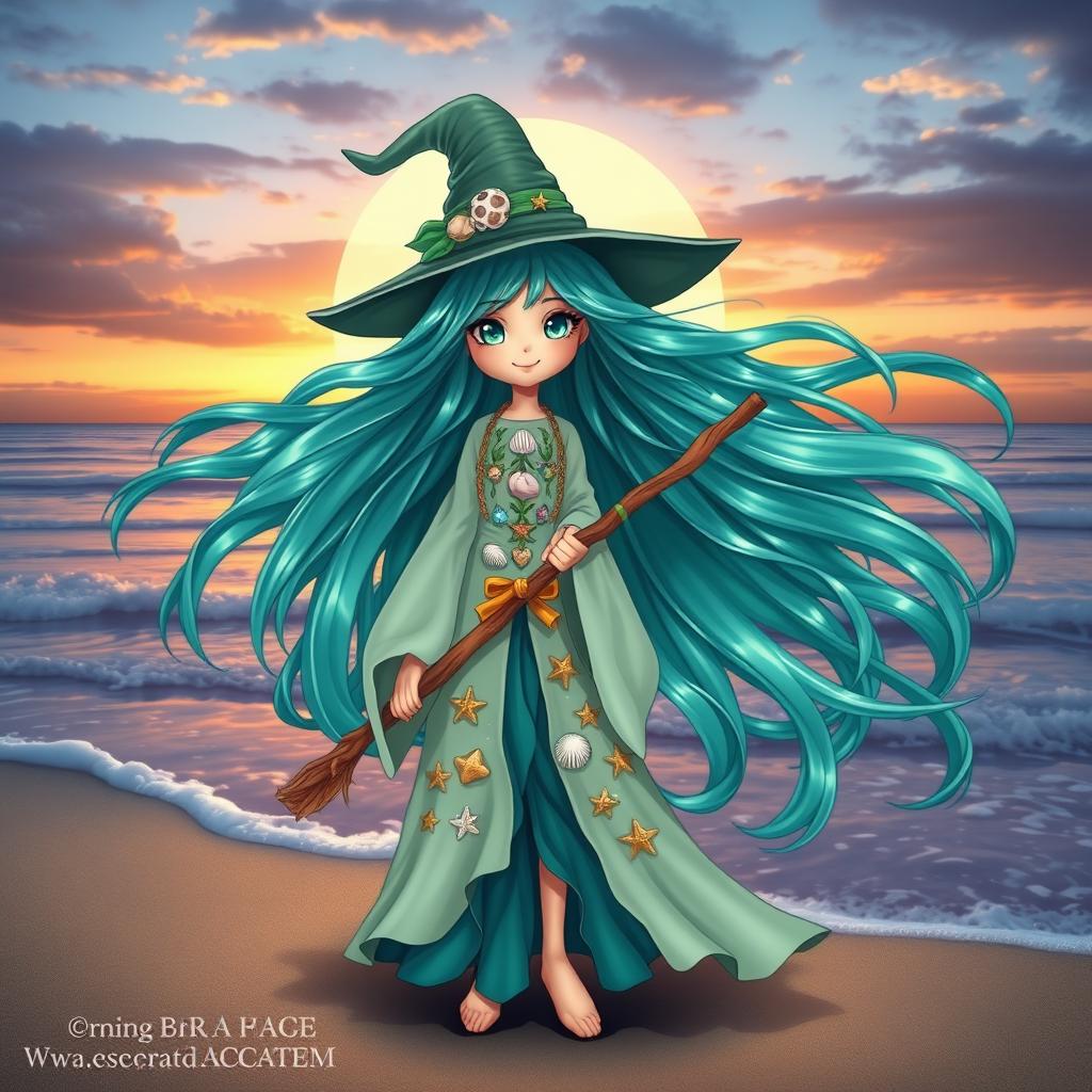 A mystical girl witch standing on a beach, her long hair flowing like waves of the sea, shimmering in shades of teal, aquamarine, and seafoam green