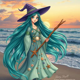 A mystical girl witch standing on a beach, her long hair flowing like waves of the sea, shimmering in shades of teal, aquamarine, and seafoam green